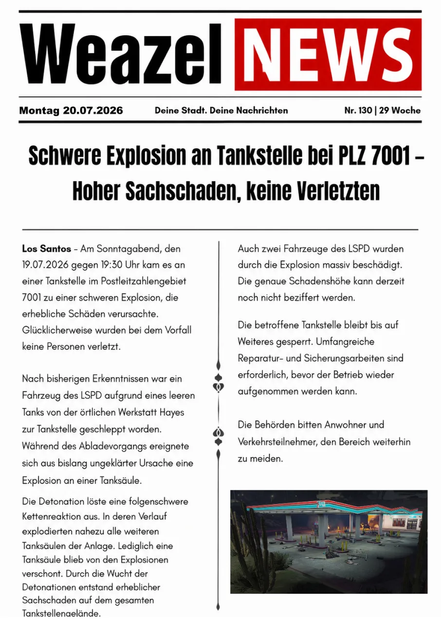Schwere Explosion an Tankstelle bei PLZ 7001 – Hoher Sachschaden, keine Verletzten